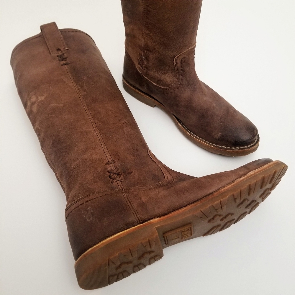 FRYE Celia X Stitch Distressed Brown Leather Boots